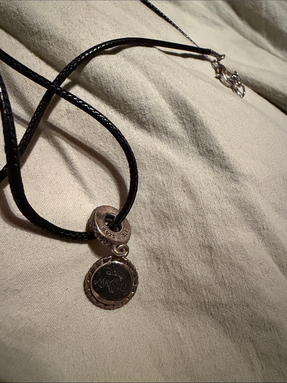 Silver Disney Magic  Round Charm Necklace with Black Cord